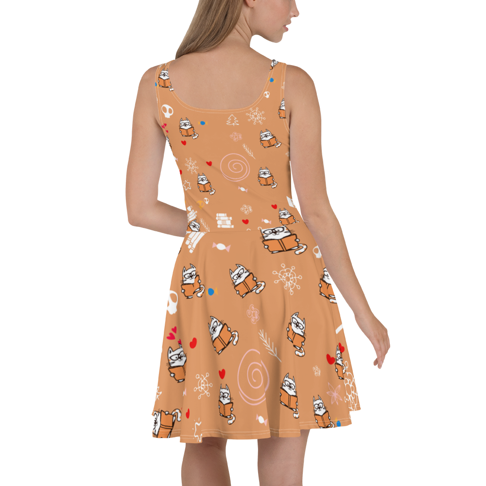 Cat And Book All Over Printed Skater Dresses