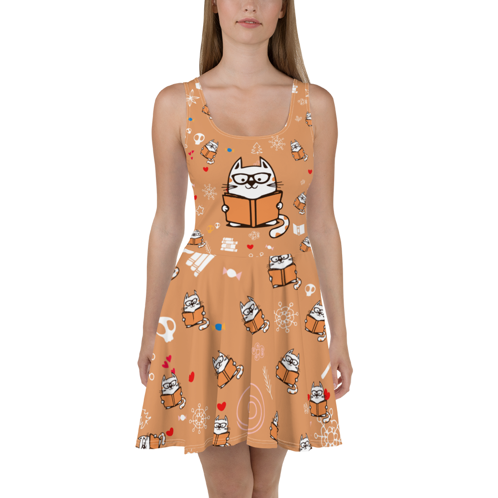 Cat And Book All Over Printed Skater Dresses