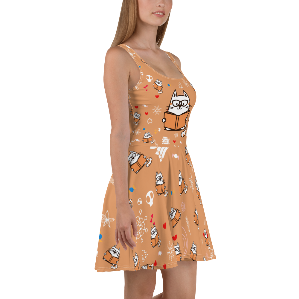 Cat And Book All Over Printed Skater Dresses