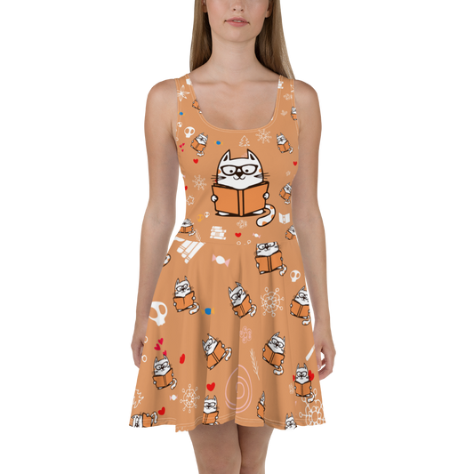 Cat And Book All Over Printed Skater Dresses